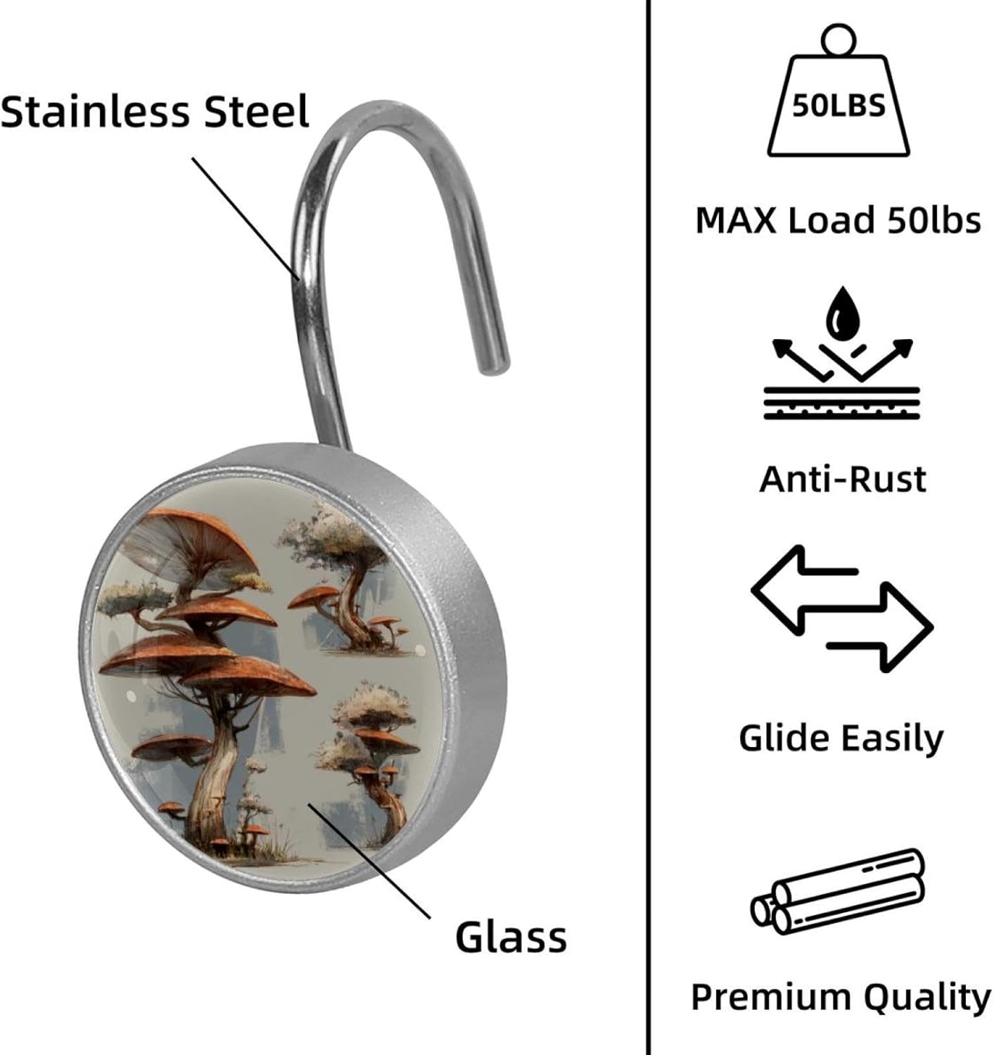 12PCS Mushrooms Trees (2) Shower Curtain Hooks Rings for Bathroom, Decorative Shower Curtain Hooks Rods Curtains and Liner