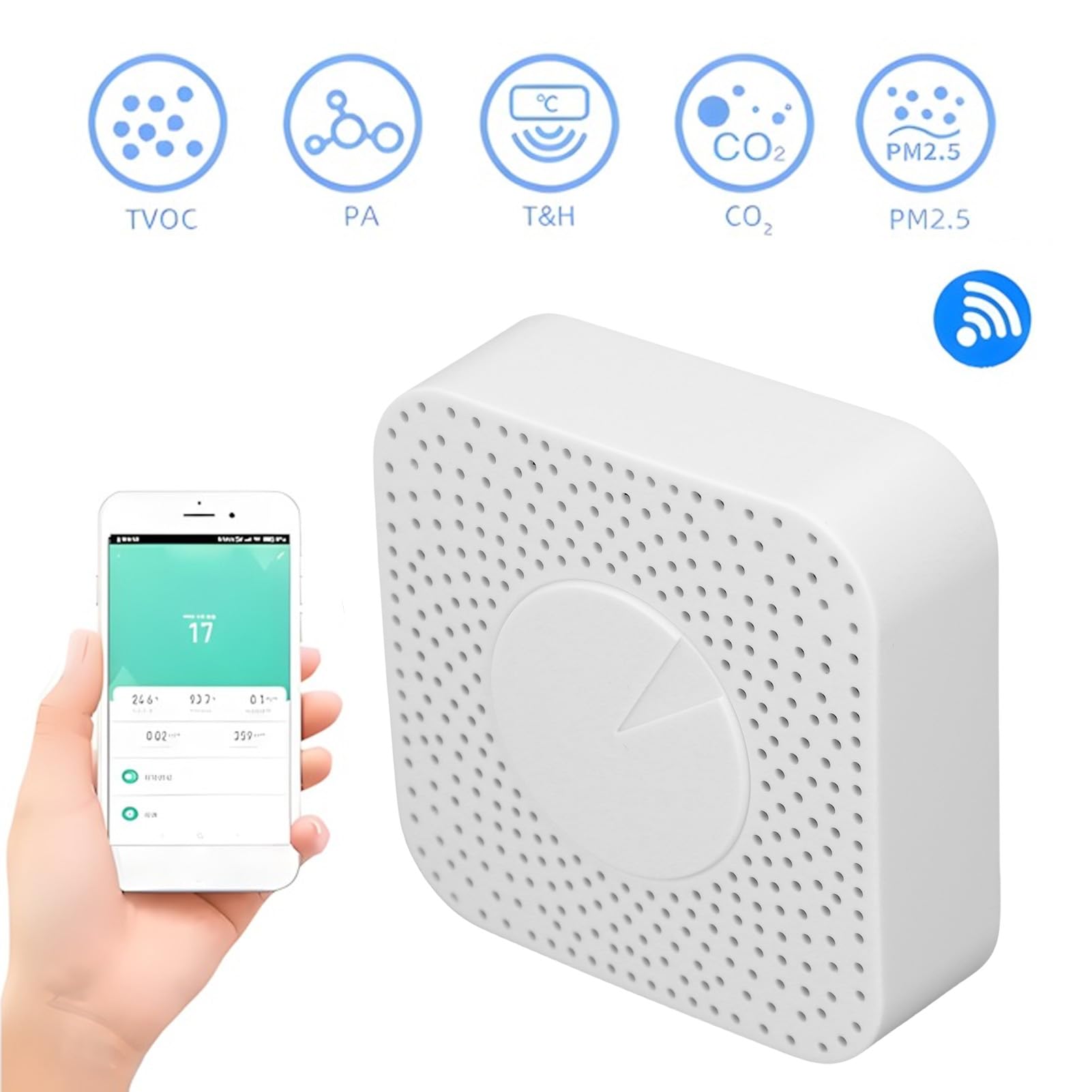 Tester intelligente della qualità dell'aria, misuratore WiFi per il monitoraggio di CO2, HCHO, VOC, umidità e temperatura in interni, uso domestico, bianco