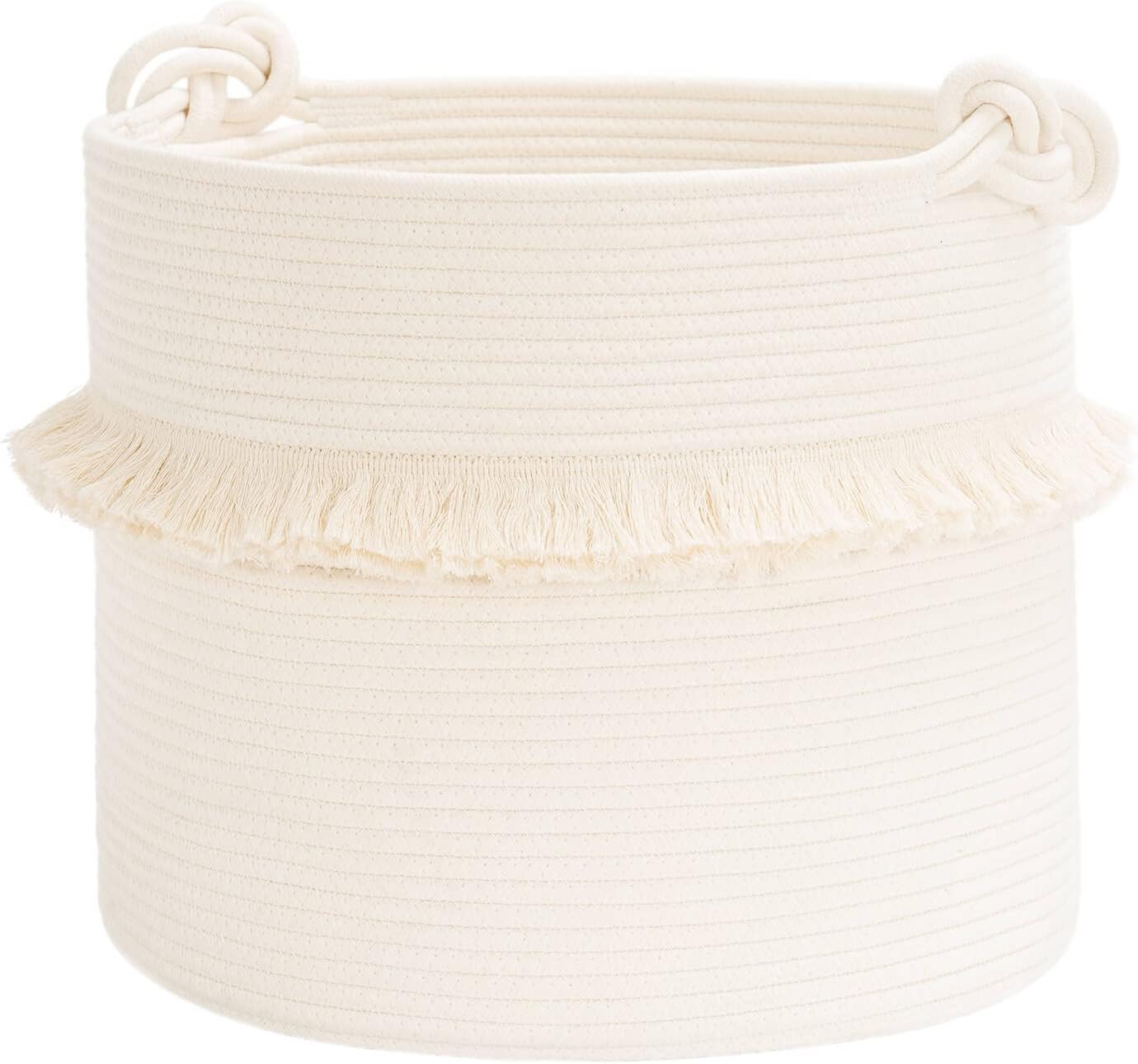 Large Woven Storage Baskets – 16'' x 13'' Cotton Rope Decorative Hamper for Nursery, Toys, Blankets, and Laundry, Cute Tassel Nursery Decor - Home Storage Container Off-white