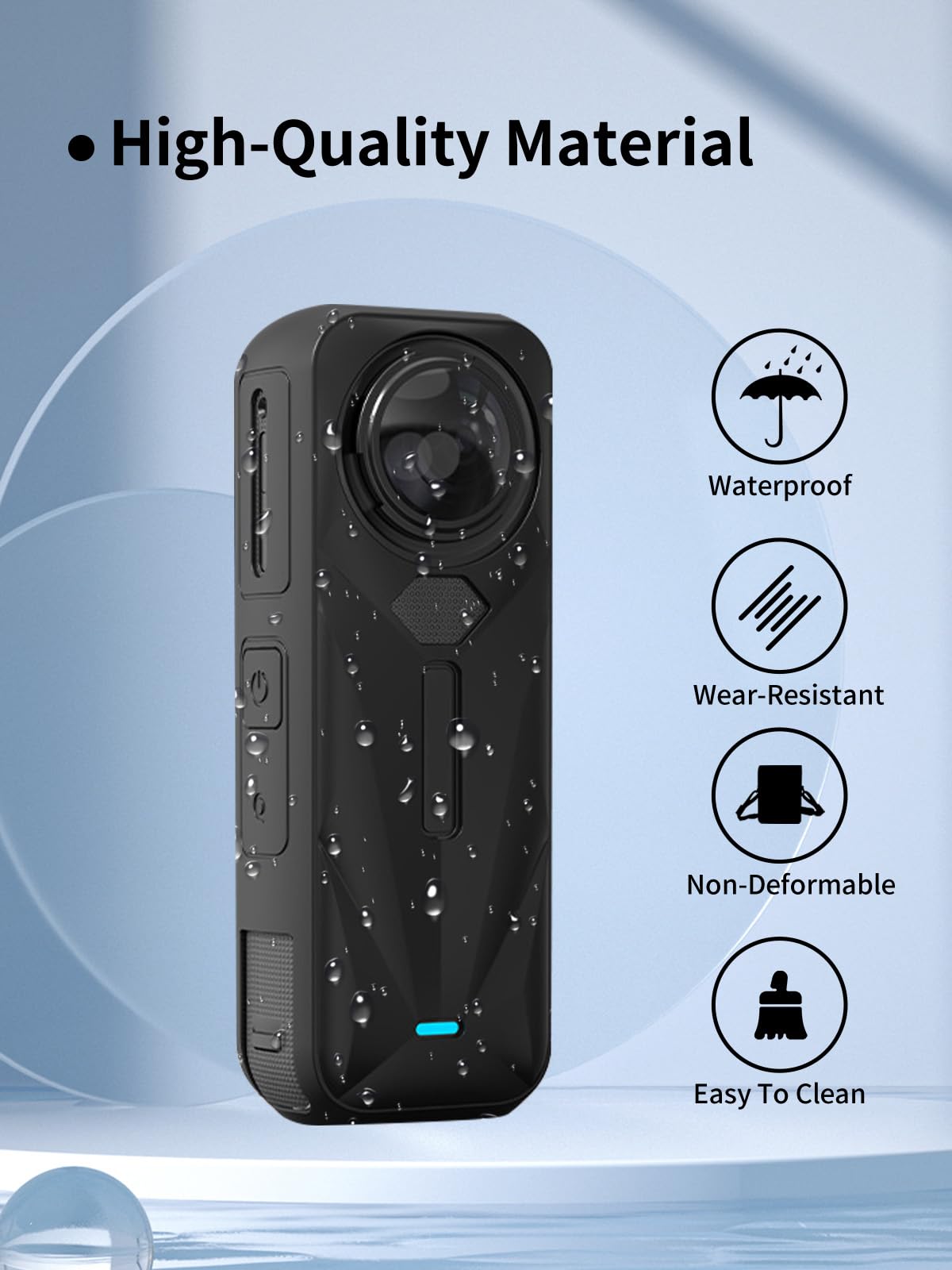 Funda especialmente diseñada para cámara de acción Insta360 X5 impermeable 8K de 360°, protección de silicona premium a prueba de golpes. Puerto de carga accesible, color negro.