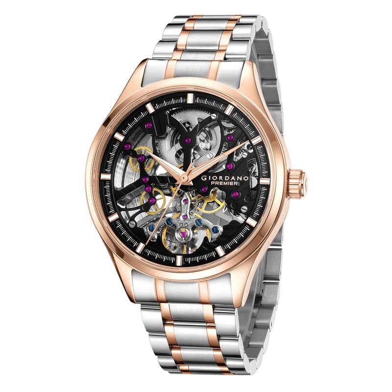 Image of Giordano Premier Fortezza Collection Automatic Watch for Men with Skeleton Round Dial, Luminous Hands and Markers, Stainless Steel Strap - GZ-50225