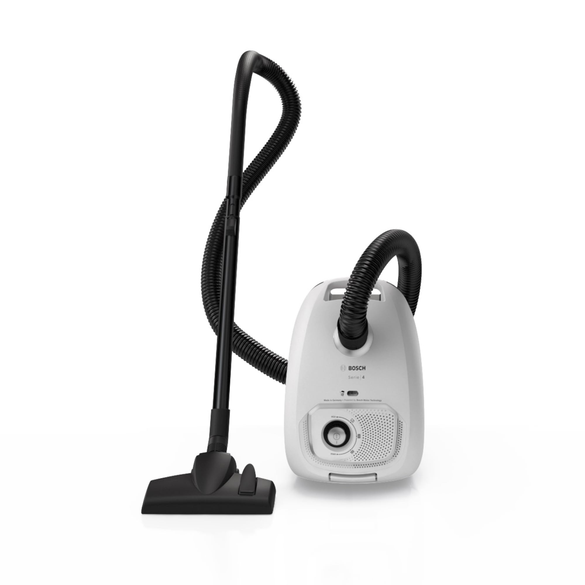 Bosch Serie 4 Odkurzacz Workowy, Promień Działania 11 m, Pojemność Worka XL, Ssawka do Tapicerki, Ssawka Szczelinowa, Zintegrowany Schowek na Akcesoria, Biały, BGB41WH1 | Odkurzacz z workiem XL, szczotka do tkanin i szczelin, zmywalny filtr, wyprodukowano