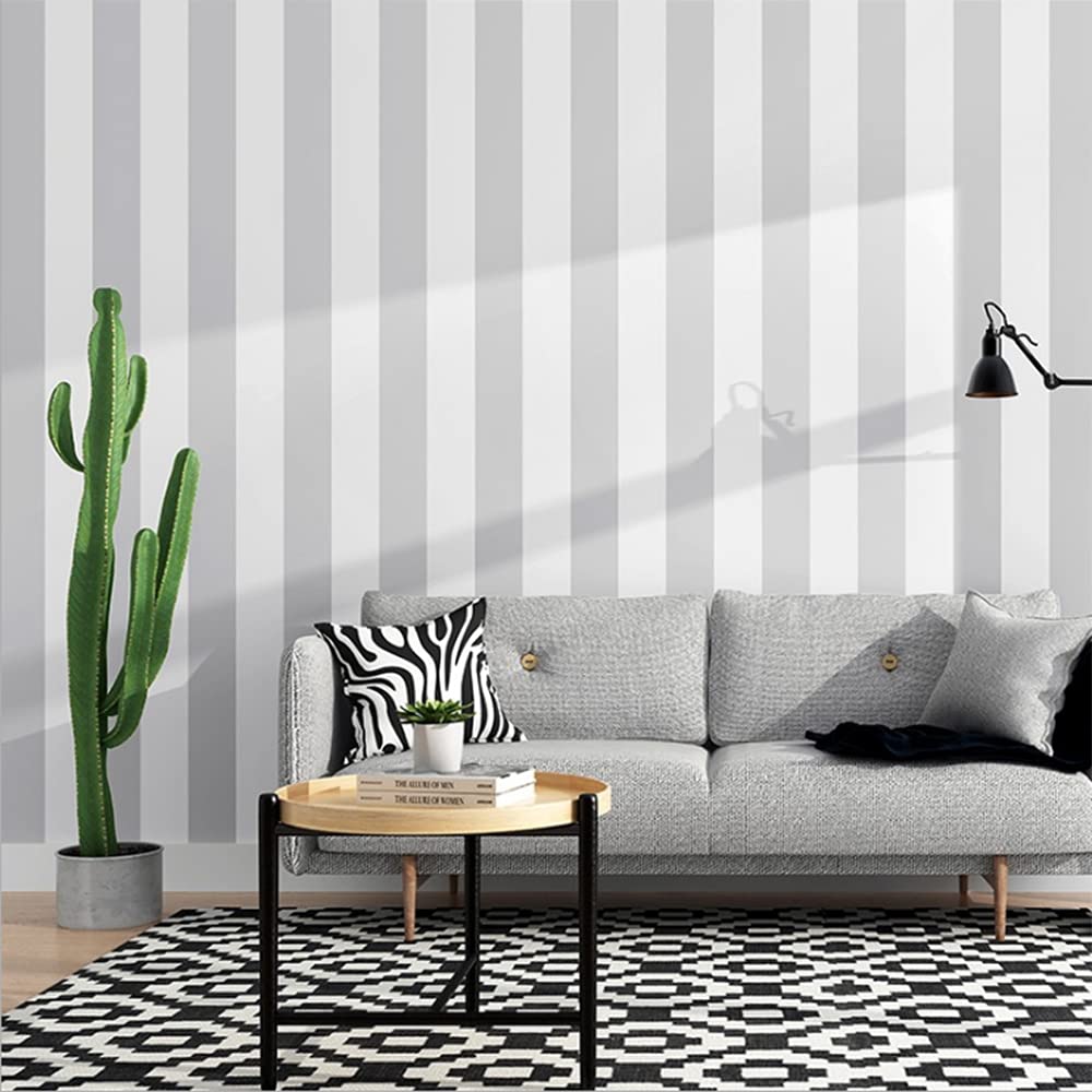 MEAIHOME Modern Simple Horizontal Vertical Striped Bedroom Coffee Restaurant Clothing Store TV Background Non-Pasted Wallpaper Roll Gray White 1.73' L x 32.8' W - Image 2