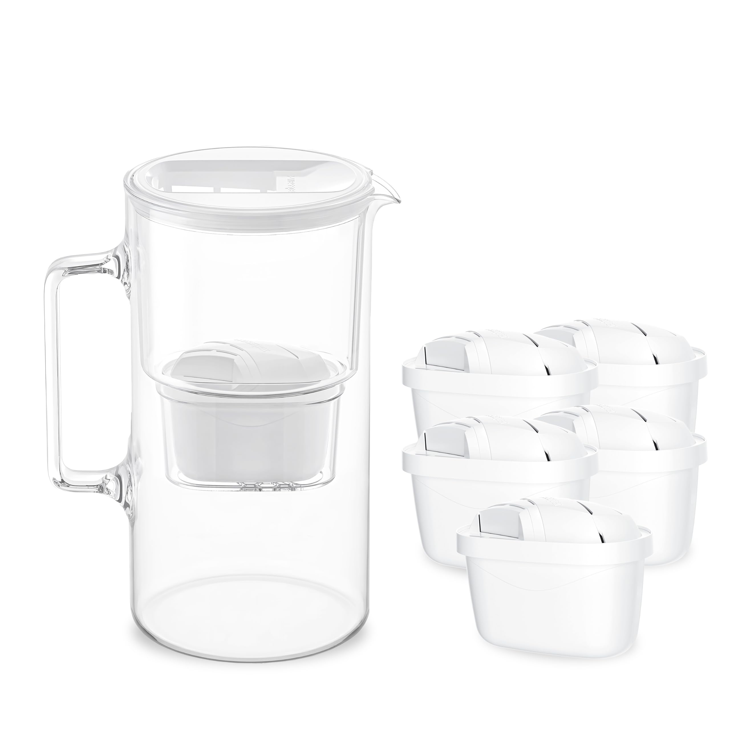 Wessper Carafe Filtrante Verre 3l, Carafe et 5 Filtre - Blanc | carafe filtrante verre et filtre a eau, cartouche filtrante charbon actif eau, BPA Free