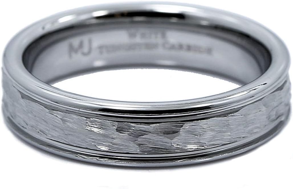 White Tungsten Carbide Hammered Center Polished Edge 5mm Wedding Band Comfort Fit Ring