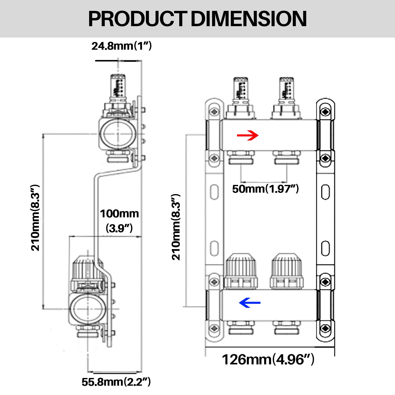Colector de calor radiante de 2 ramas, colector PEX de acero inoxidable con salidas compatibles para calefacción de suelo radiante hidrónico (adaptadores de 1,27 cm incluidos)