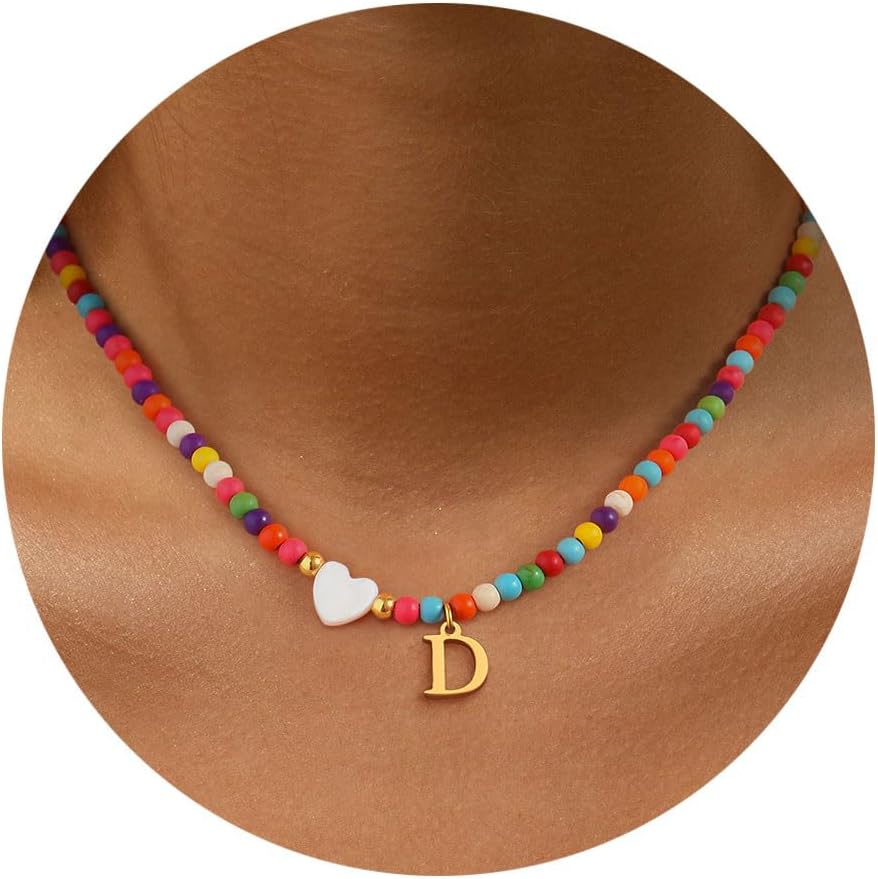 Colorful Beaded Dainty Initial Necklaces for Women Cute Choker Letter Necklace for Women Trendy Personalized Gold Monogram Pendant with Heart Necklaces for Women Jewelry Charm Gifts