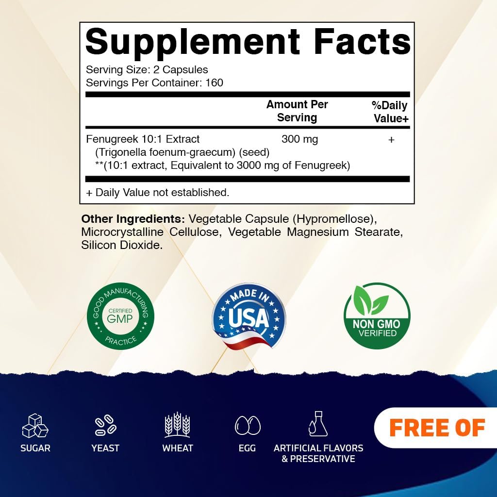 Vitamatic Fenugreek Capsules Extra Strength 3000 mg Equivalent Per Serving (from 10:1 Extract 300 mg) - Trigonella Foenum-Graecum - Methi Seeds Powder Pills - 320 Vegetarian Capsules