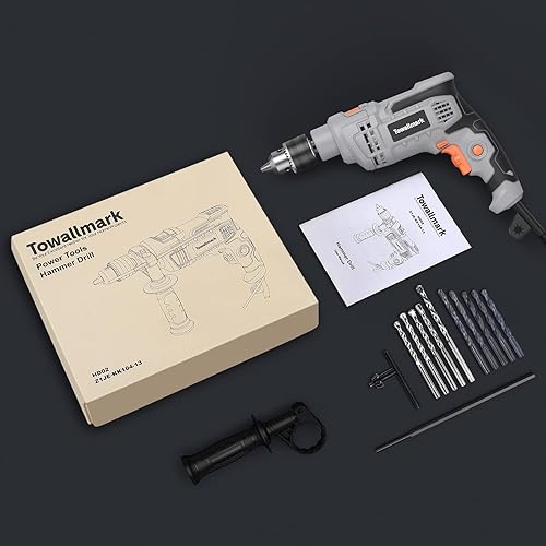 Miniatura 7 de Towallmark - Taladro de martillo eléctrico de 7 amperios, 12 pulgada con 3000 rpm, velocidad variable, 10 brocas para mejoras del hogar, bricolaje,