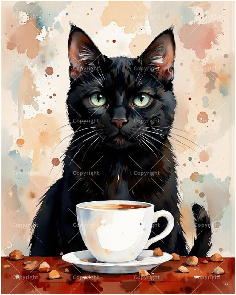 Animal Portrait Paint by Numbers Kit for Adults - DIY Black Cat and Coffee Painting on Canvas 16x20 Inches, Acrylic Paint Set, Suitable for Beginners, Cozy Art for Home Decoration or Gifts