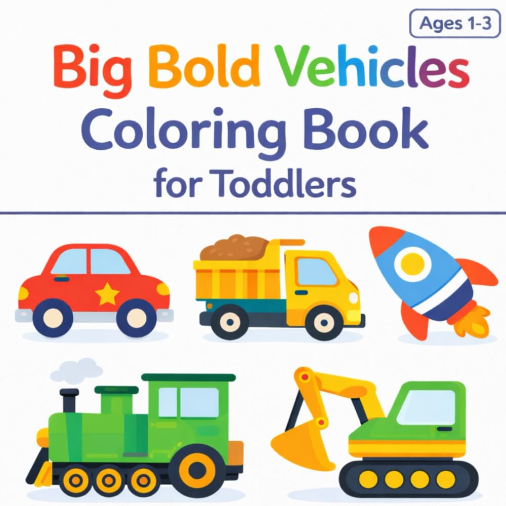 Big Bold Vehicles Coloring Book for Toddlers: Simple Cars, Trucks, and Transportation Coloring Pages for Kids Ages 1–5 with Bold Outlines