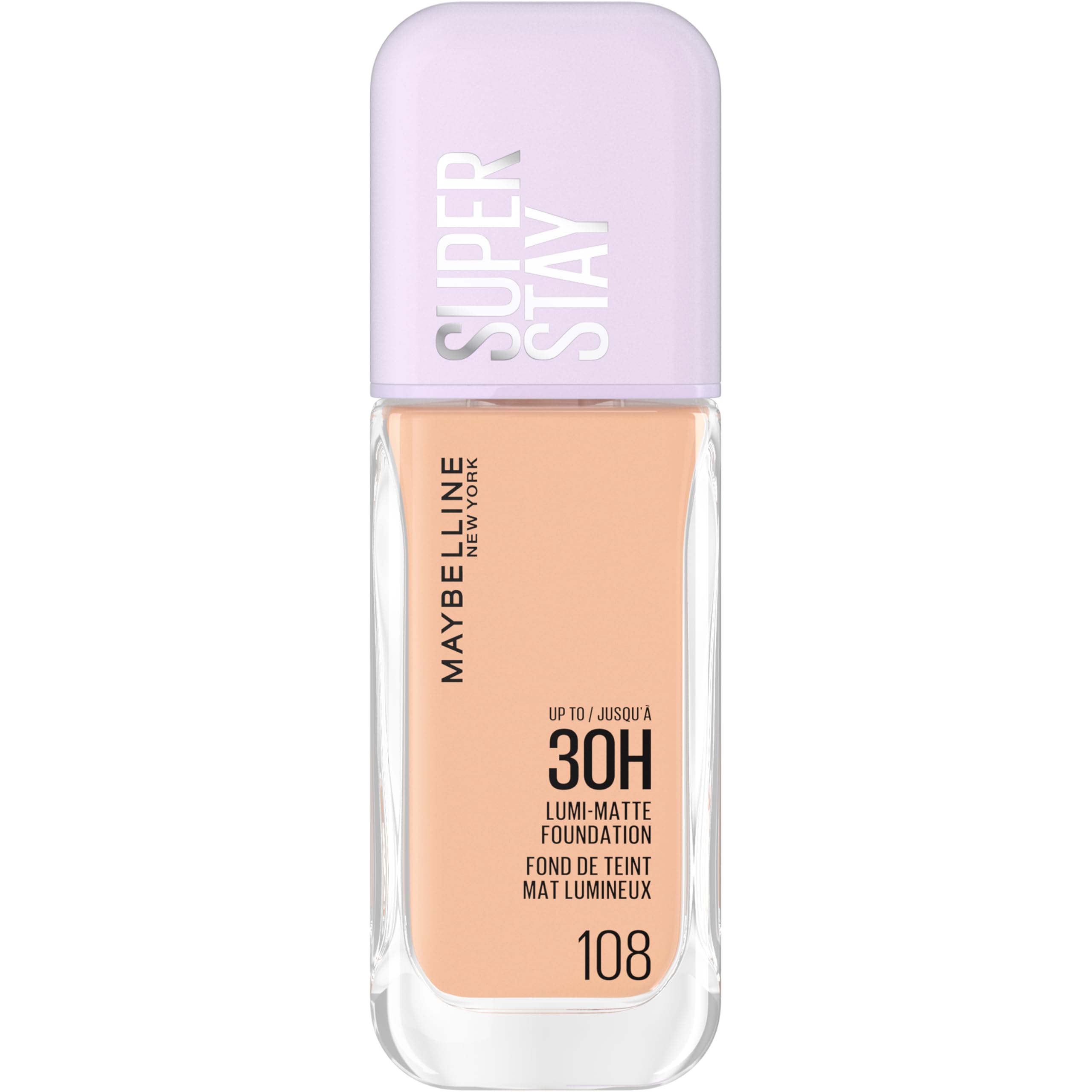 MaybellineNew York Super Stay up to 30HR Lumi-Matte Foundation, Medium-Full Coverage, Vegan Formula*, Amino Acids, Niacinamide, Vitamin E, All Day Wear - Shade: 108
