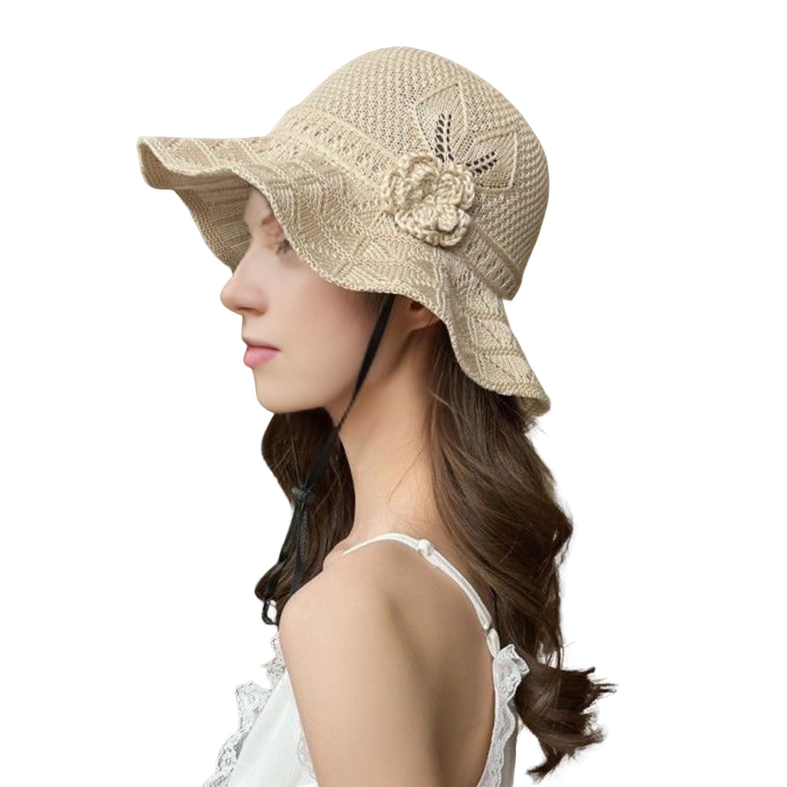 matumou Fisherman Hat with Flower Detail, Wide Brim Glitter Bucket Hat, Knit Design Adjustable Drawstring Knit Hat, Lightweight Hat for