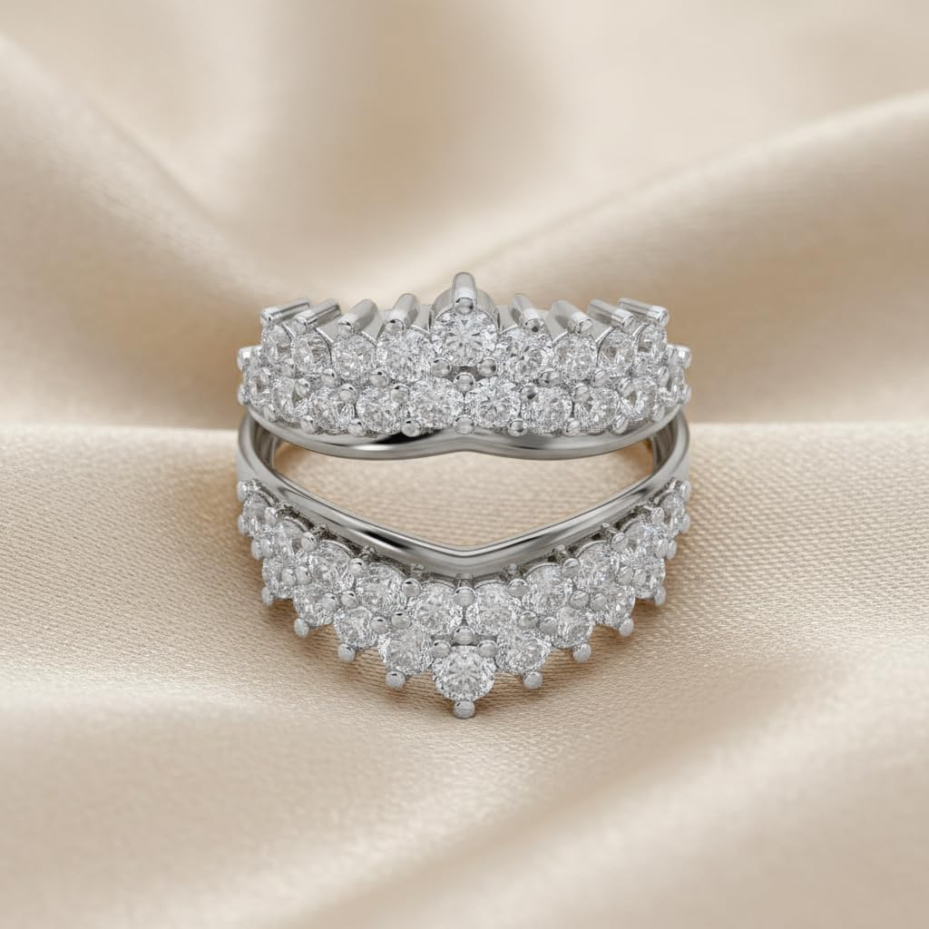 Double Row Enhancer Guard Ring for Women Round Lab Created Moissanite or Round Lab Grown Diamond Wedding Band Stacking Ring in 14K Gold Plated 925 Sterling Silver Jewelry for Her