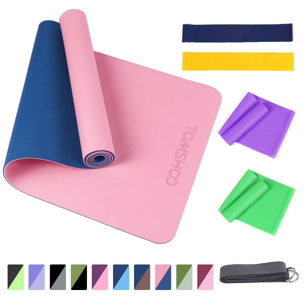 TOMSHOO Tapis de Yoga + 4Pcs élastique Bandes, TPE Antidérapant 183 * 61cm 6mm Épais, Tapis de Gymnastique Sport pour Yoga Fitness Pilates Gym avec Sac de Rangement