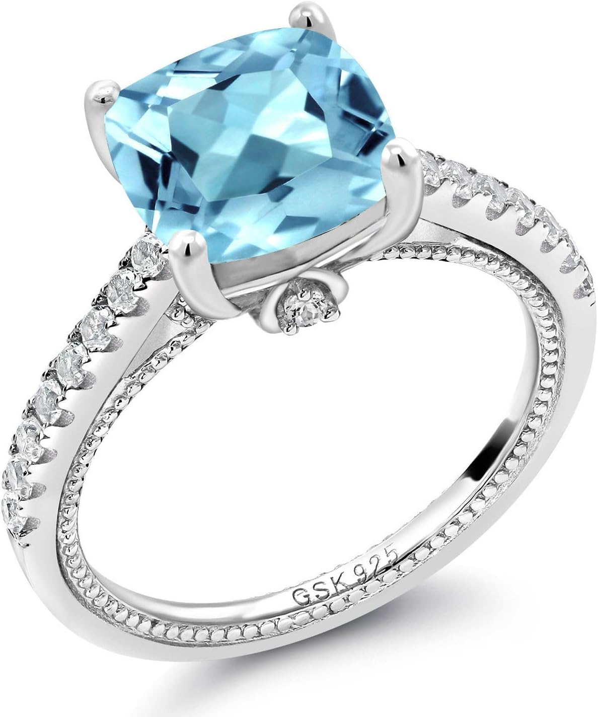 Gem Stone King 4.52 Cttw Sky Blue Topaz and White Created Sapphire Engagement Ring For Women | 925 Sterling Silver | Cushion 10MM | Wedding Engagement Anniversary Promise Ring For Women - Image 3