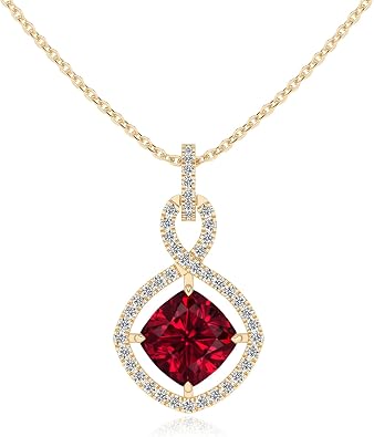 Lab Grown Ruby Halo Cushion Infinity Solitaire Pendant Necklace for Women, July Birthstone Jewelry Gifts for Her Birthday, Anniversary, Christmas, Valentines