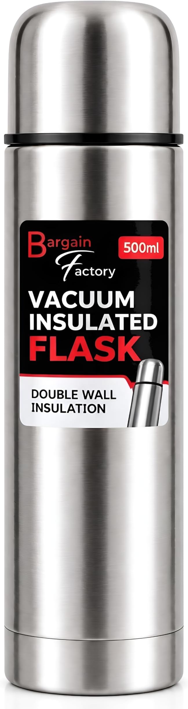 Bargain Factory Water Flask, Double Walled Vacuum Insulated Flask 500ml, Leakproof 24 Hours Hot and Cold Water Bottle Durable Stainless-Steel Interior and Exterior, Silver