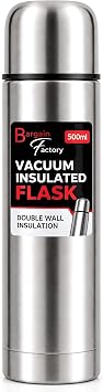 Bargain Factory Water Flask, Double Walled Vacuum Insulated Flask 500ml, Leakproof 24 Hours Hot and Cold Water Bottle Durable Stainless-Steel Interior and Exterior, Silver