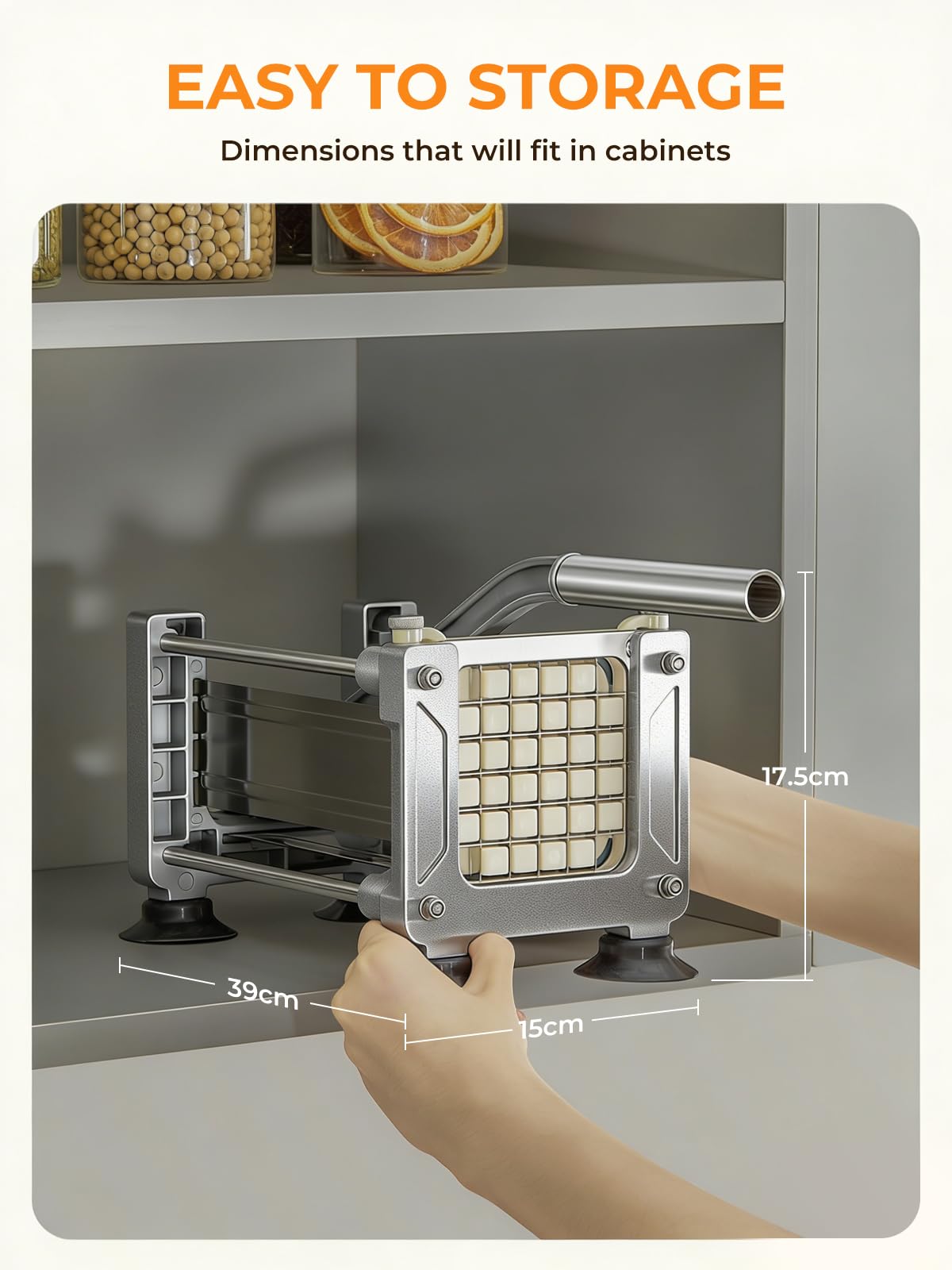 FOHRER Tagliapatate Professionale in Acciaio Inox con 3 Lame (13, 9, 6 mm) per Patate Intere, Carote, Cetrioli, Cipolle e Patate Fritte (Argento)