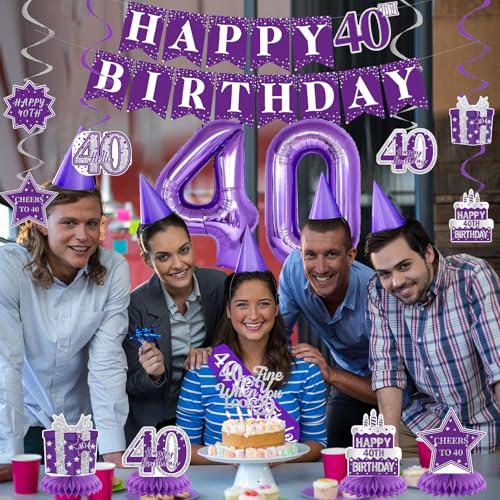 Crenics Purple 40th Birthday Decorations for Women - Back in 1985 Backdrop, Banner, Swirls, Honeycomb, Sash, Paper Pom Poms and Balloons for 40 Birthday Party Supplies by Crenics - Image 5