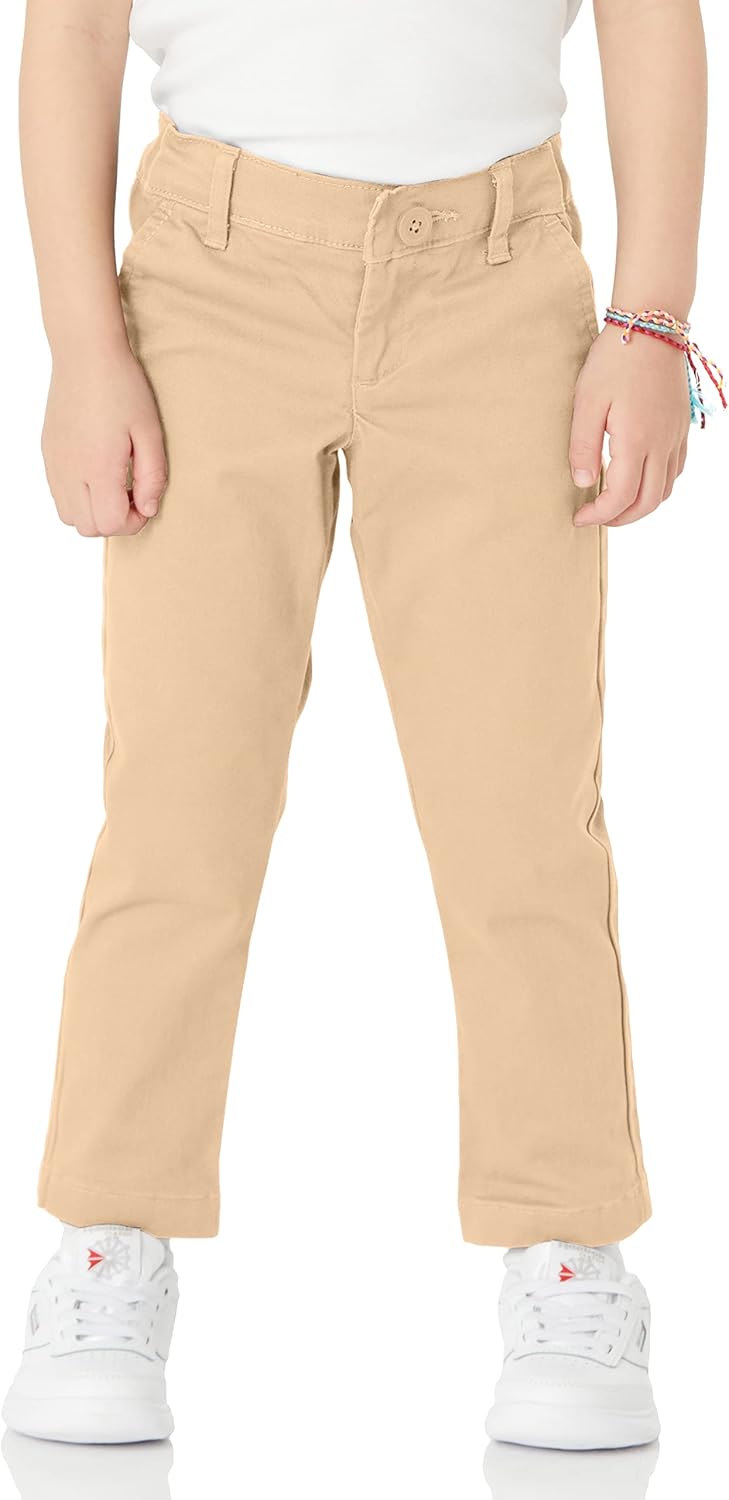 Amazon Essentials Girls and Toddlers' School Uniform Straight Leg Adjustable Waist Flat-Front Chino Pants, Pack of 3