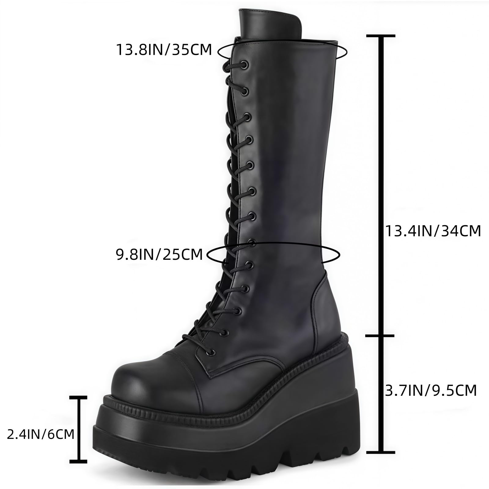 Stivali da ginocchio con piattaforma a cuneo alto con tacco piattaforma grosso Lace Up & Zipper Punk Goth Stivali da combattimento di vitello medio Stivali da moto con fibbie in metallo