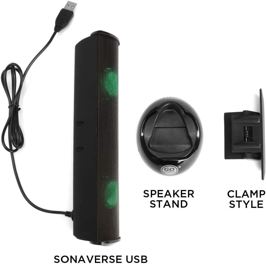 GOgroove SonaVERSE LED Speaker for Laptop Computer - USB Powered Clip-On Sound Bar with Mini Portable External Speaker Design for Monitor, Back Switch for Power - Audio Input and Power (Green)