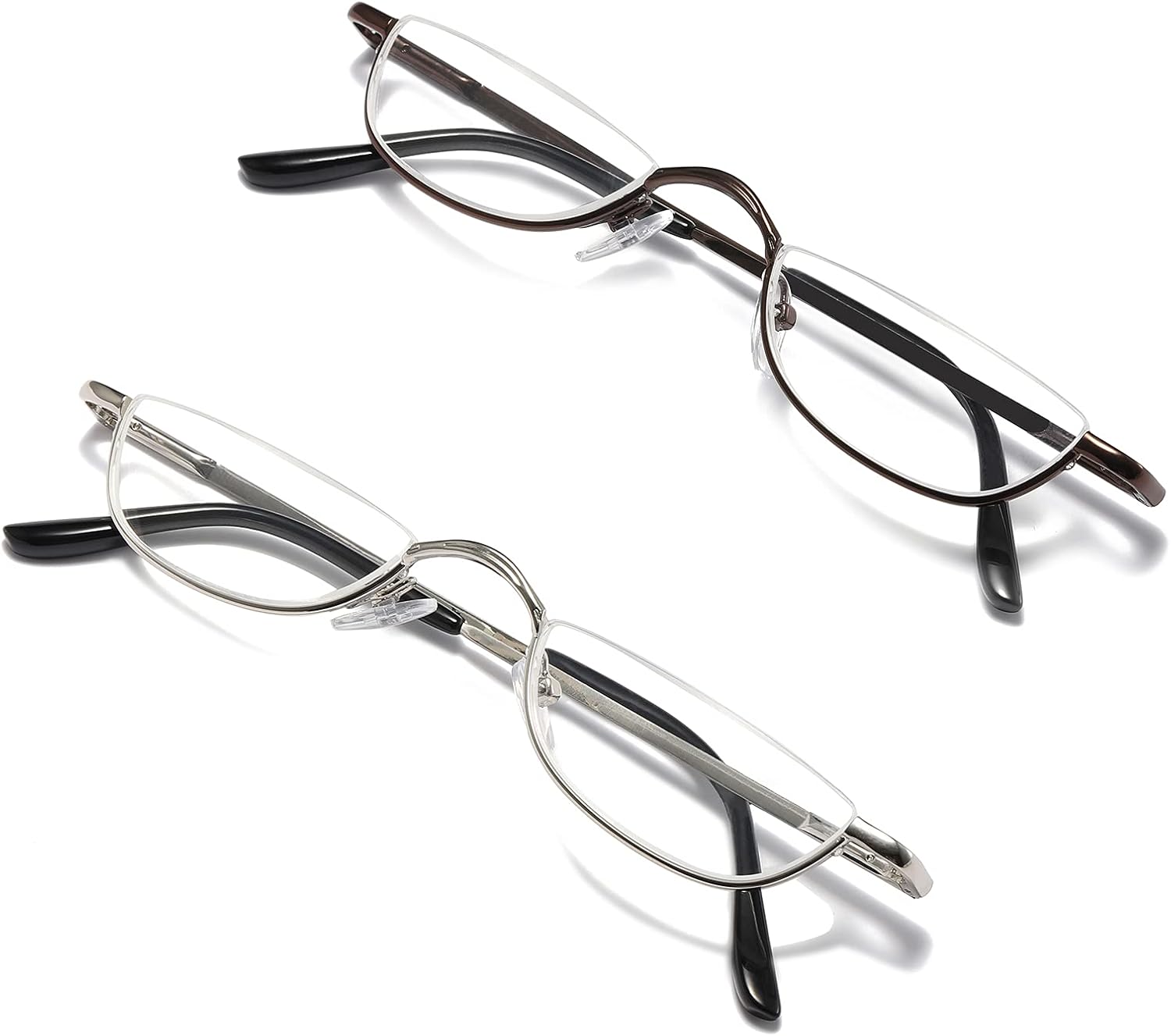 KoKoBin Half Reading Glasses - 2 Pairs Half Rim Metal Frame Glasses Spring Hinge Readers with Leather Pouch for Men and Women (Brown+Silver, 3.50)