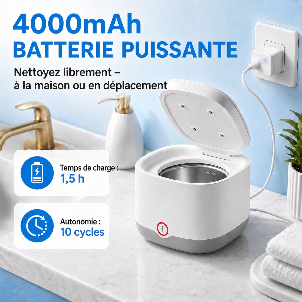 Nettoyeur à Ultrasons pour Gouttières et Dentiers 200ML (Blanc) | Nettoyage aux Ultrasons 45kHz avec 24W, Batterie 4000mAh et 4 Lampes UV pour Aligneurs, Gouttières, Dentiers et Bijoux