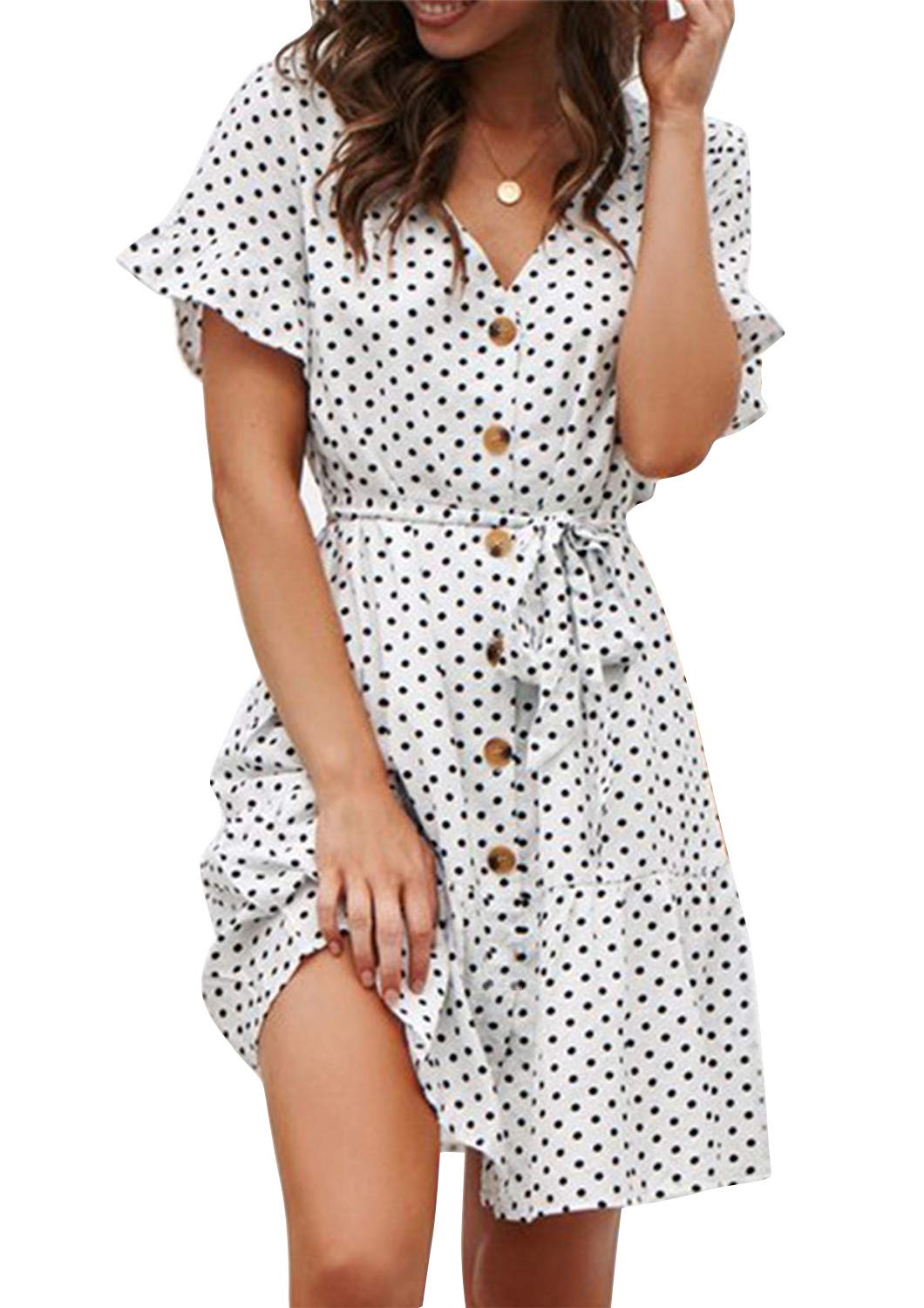Sommerkleid Damen Kurzarm Elegant V-Ausschnitt Knopfleiste Polka Dot Kurze Strand Freizeitkleider mi Gürtel