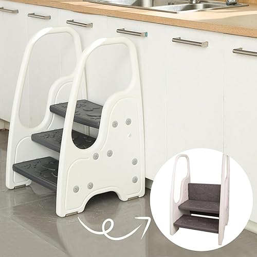 Miniatura 2 de Taburete plegable de 3 escalones con asa para niños pequeños y niños, torre de pie para lavabo del baño, entrenamiento para ir al baño, ayudante de