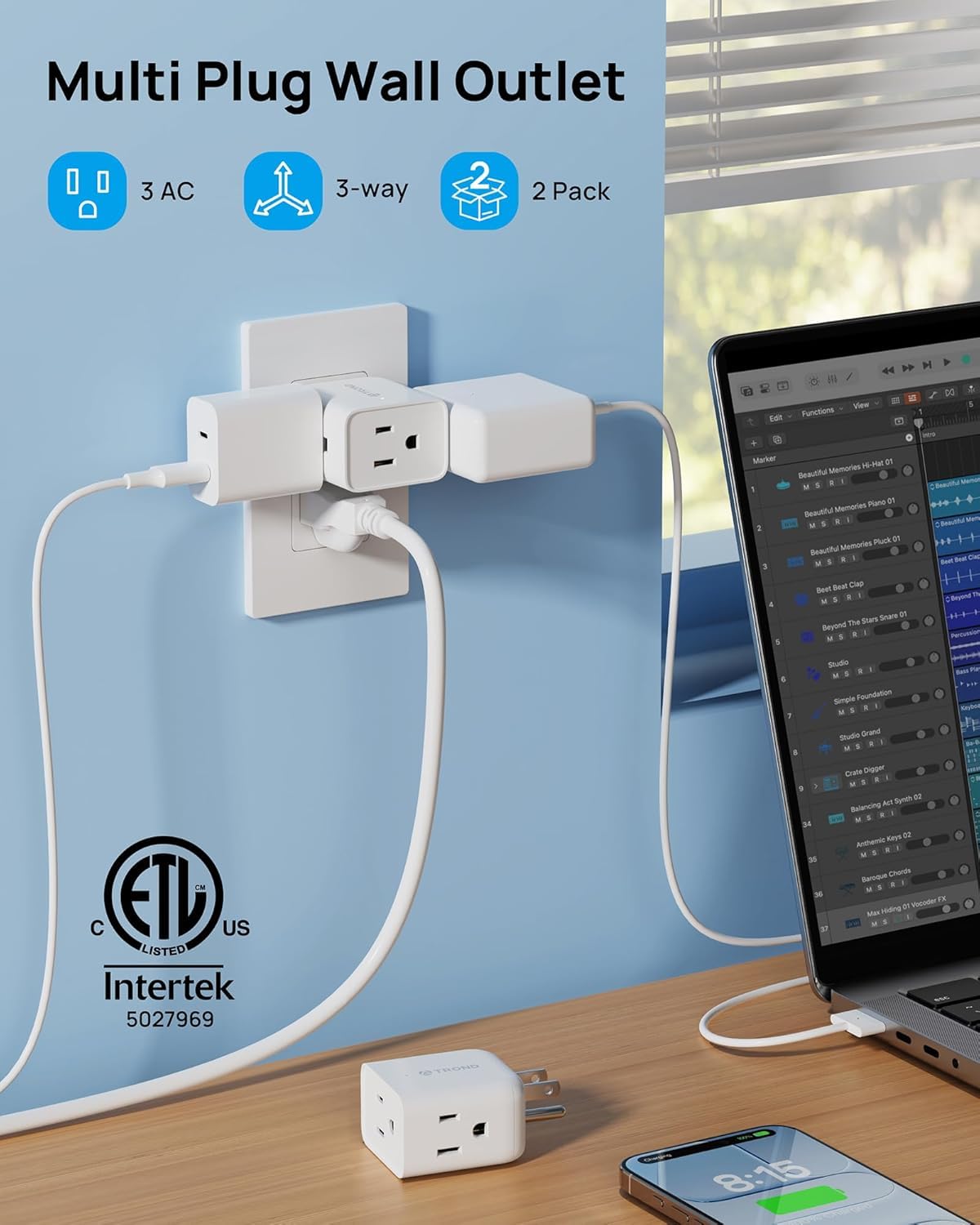 TROND 2 Pack Multi Plug Outlet Extender, Wall Outlet Splitter with 3 Way Plug, 3-Sided Multiple Travel Adapter, Mini Wall Tap Electrical Expander Spaced for Cruise Ship Essentials Home Office Supplies