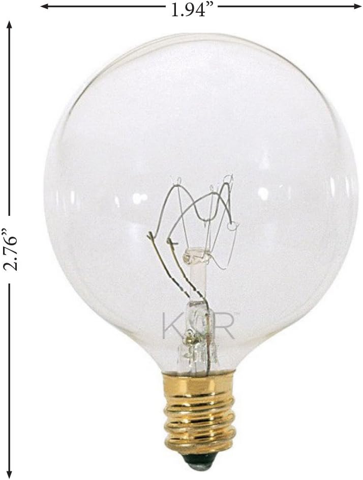 KOR (Pack of 10) G16.5 Clear FinshDecorative (E12) Candelabra Base Globe Shape Incandescent 120V G16 1/2 Light Bulbs (25)