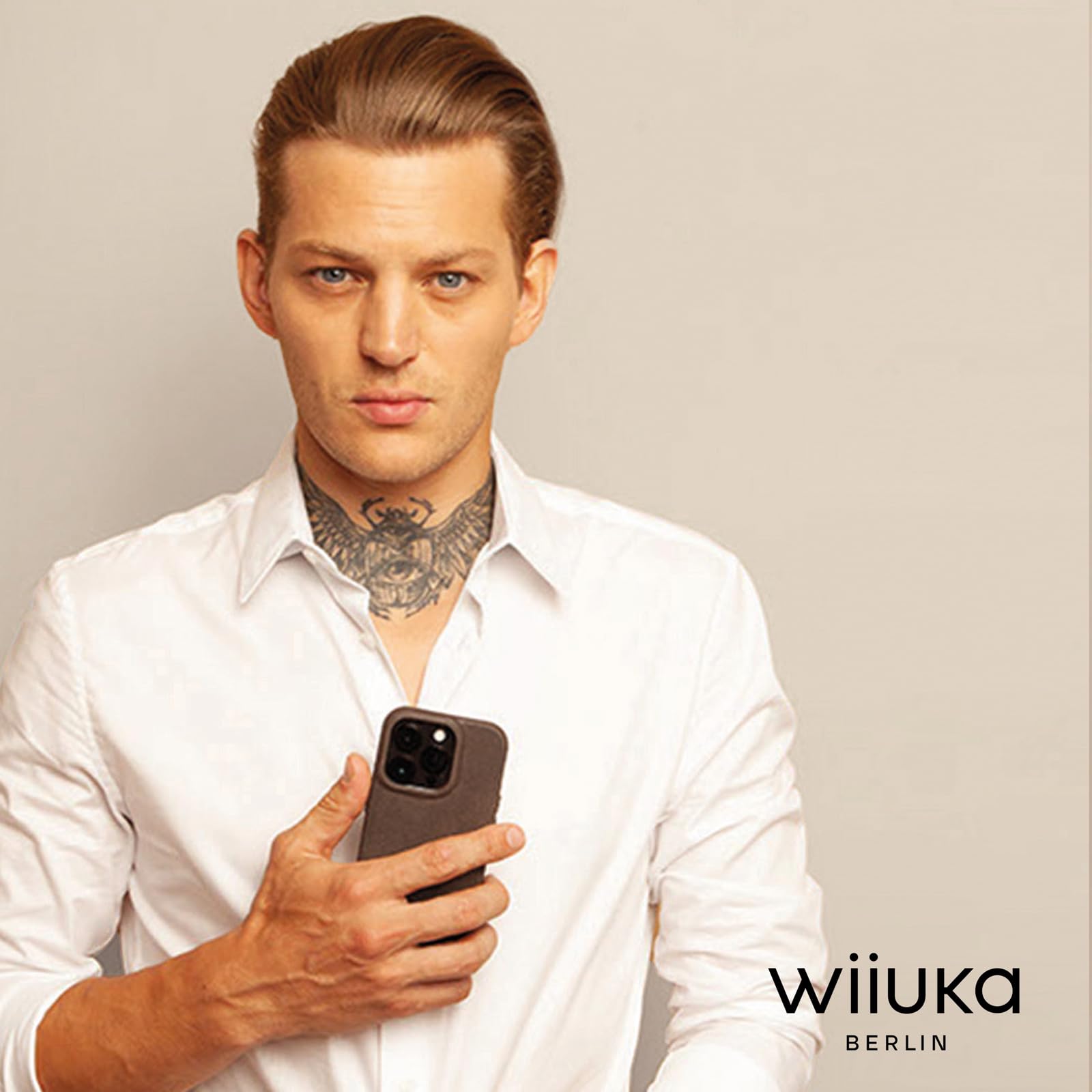 WIIUKA Hülle für iPhone 16 Pro, Leder aus Deutschland, Lederhülle extra Dünn, Premium Handyhülle, Case, Qi, skiin More, Vintage Braun