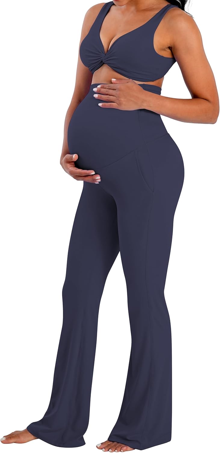 Sunzel Maternity Flare Leggings with Pockets Over The Belly, Buttery Soft Pregnancy Wide Leg Yoga Pants - Image 4