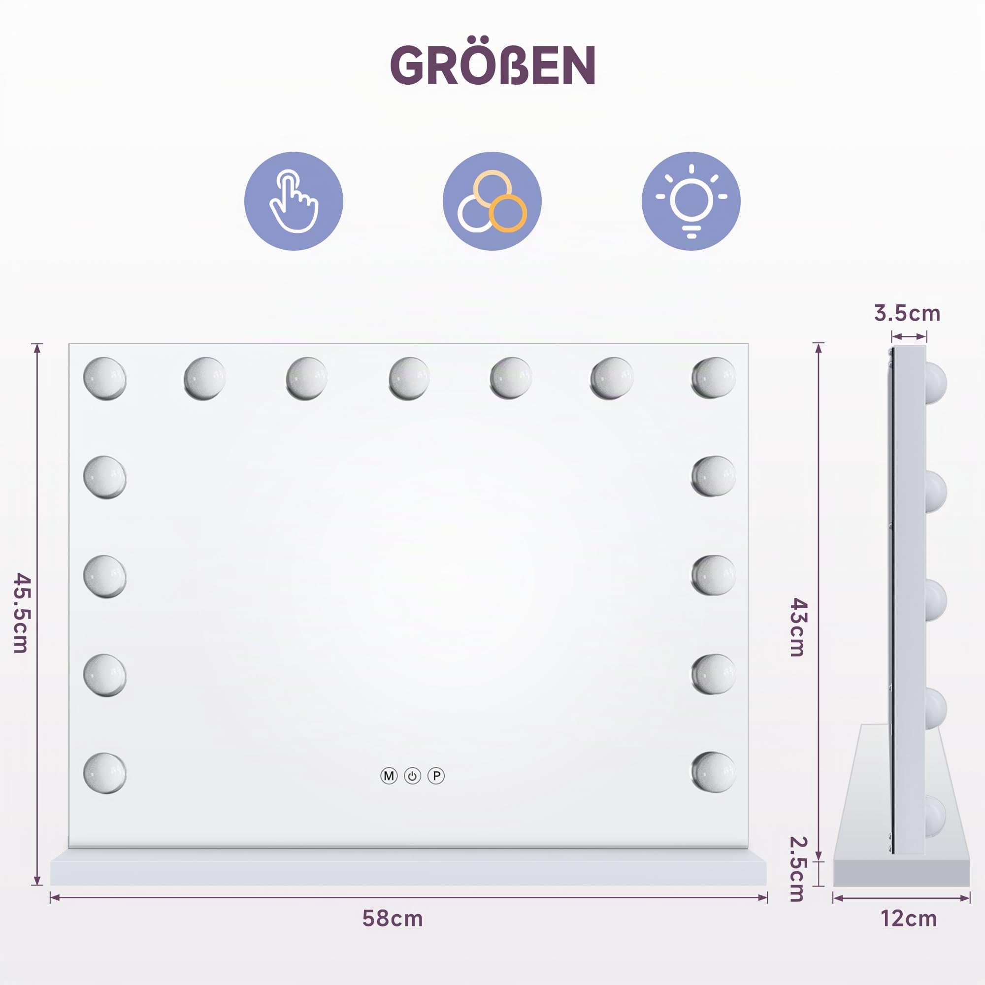 SONNI, Hollywood - Specchio da trucco, 58 x 46 cm, con 3 temperature di colore, 15 lampadine a LED, specchio grande con controllo touch e funzione di memoria della luminosità