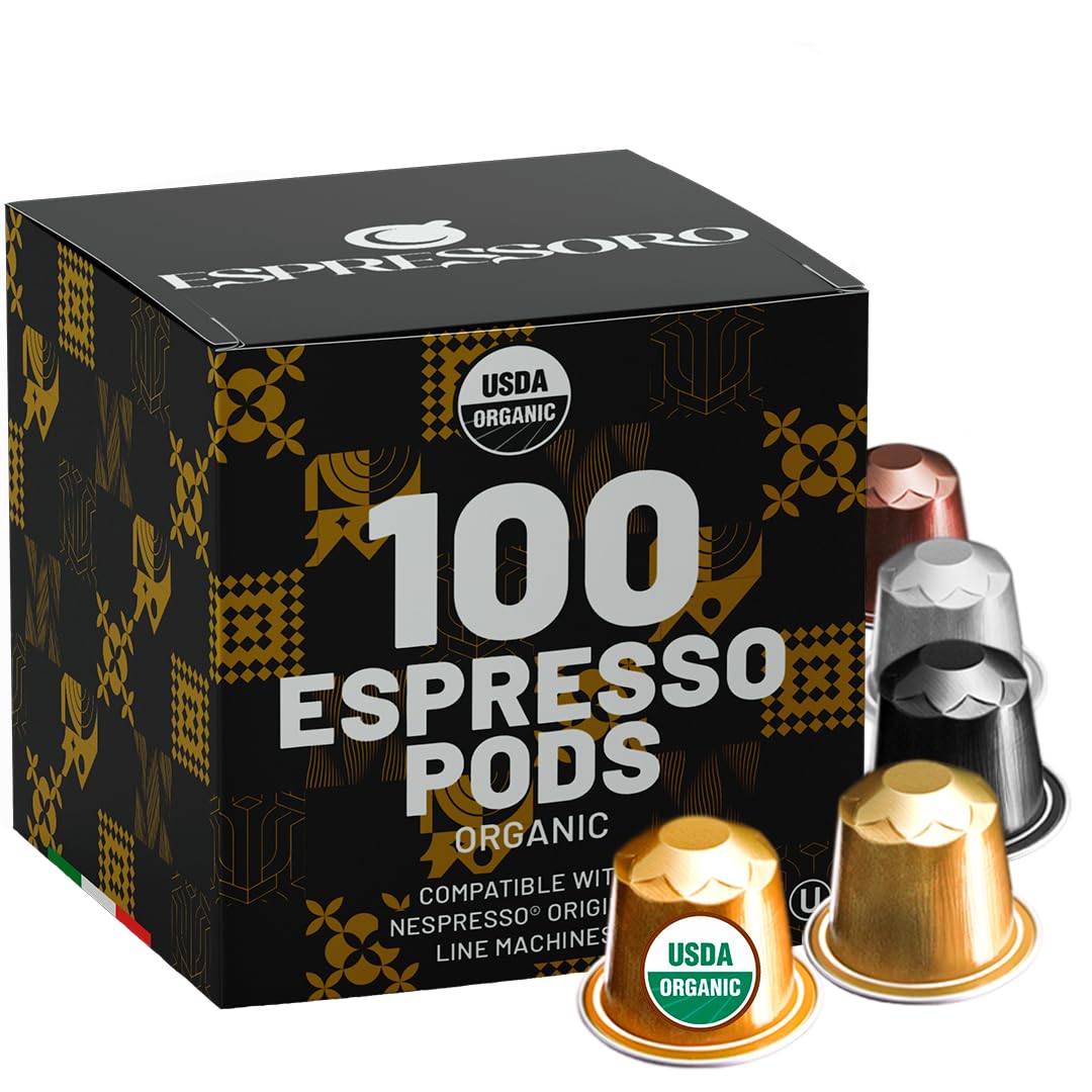 Espressoro 100 Organic Espresso Capsules - Variety Pack USDA Certified Premium Aluminum pods compatible with Nespresso Original line machines. Made in Italy.