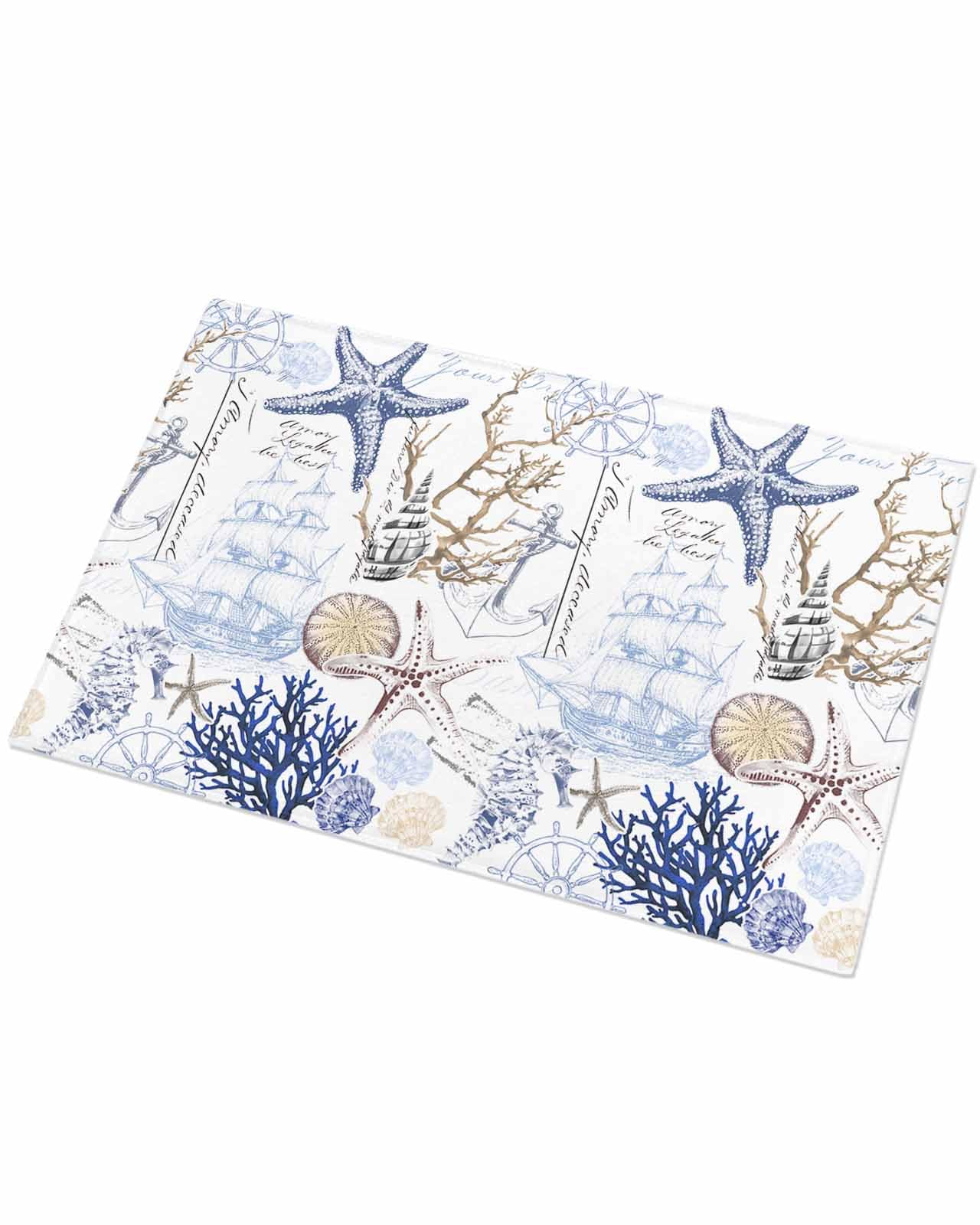 Indoor Doormat Ocean Starfish Shell Coral Sailboat,Shaggy Floor Mat with Non-Skid Backing Nautical Theme Sketch,Machine Washable Plush Area Rug Carpets for Kitchen Nursery Bedroom