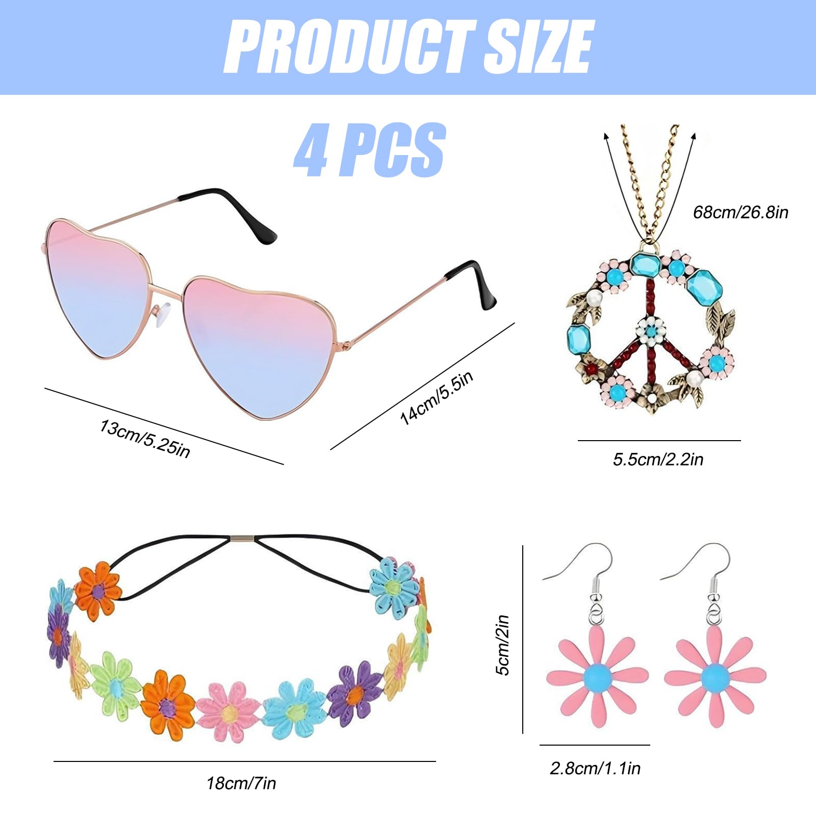 4 Pcs 60s 70s Hippie Women Accessories Set Fancy Dress for Women Including Vintage Hippie Glasses Daisy Headband Peace Sign Necklace Earrings Party Supplies for Groovy Cosplay Party Halloween (Pink) - Image 2
