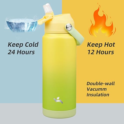 Miniatura 3 de Botella de agua aislada con tapa con pajilla, botella de metal al vacío de acero inoxidable de 24 onzas con mango de silicona, lima