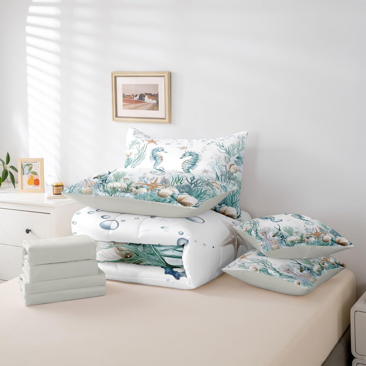 Erosebridal Blue Ocean Bedding Sets Beach Coastal 7 Piece Comforter Set Full Bed in A Bag, Kids Teens Adults,Coral Starfish Seahorse Comforter and Sheets Sea Marine Animals Bed Set