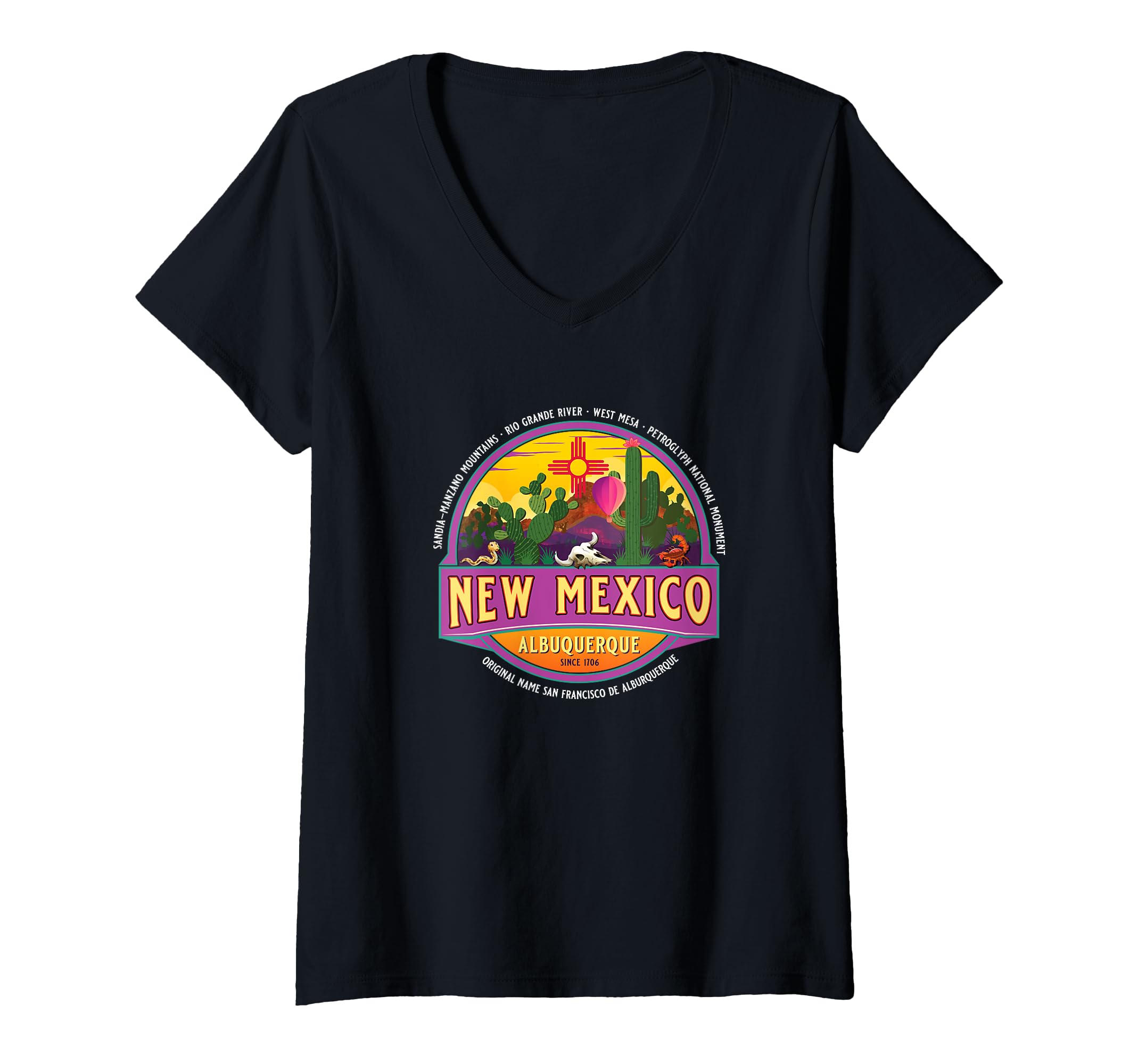 Womens Albuquerque New Mexico USA Balloons Desert Vacation Souvenir V-Neck T-Shirt, Black