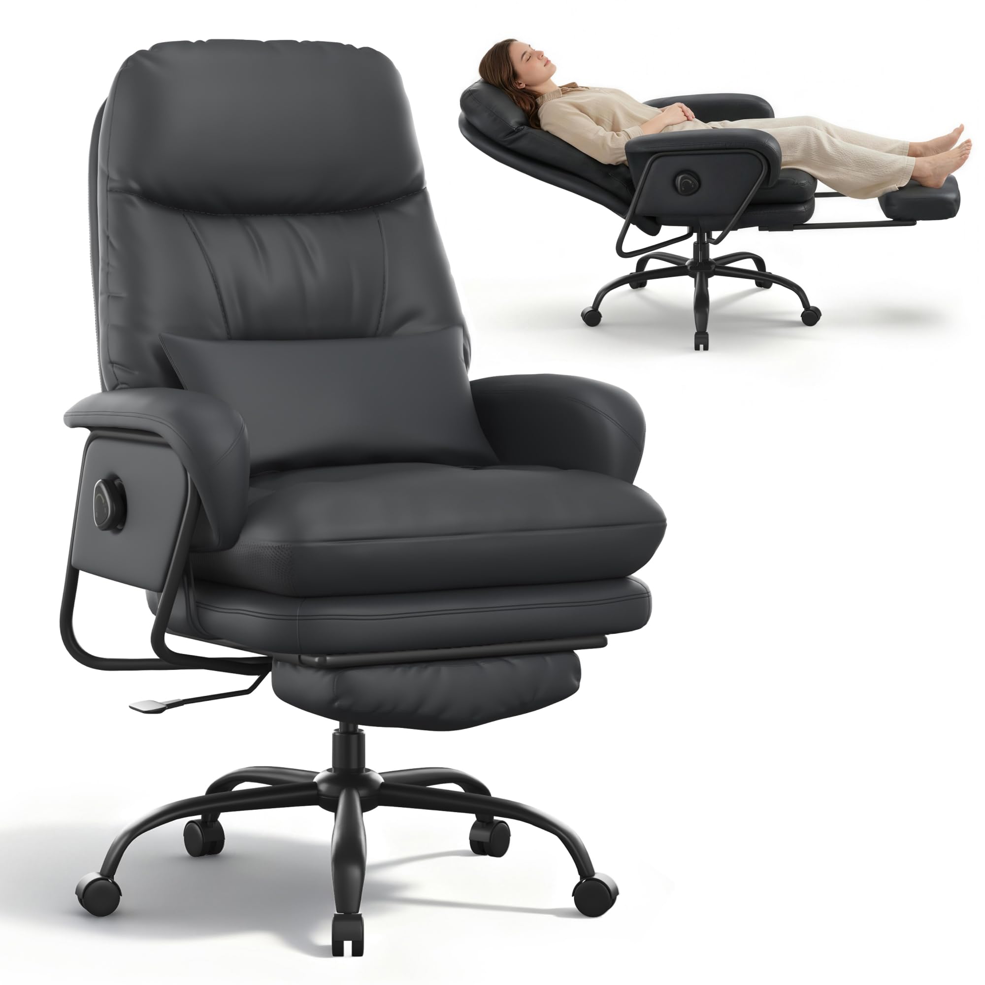SANODESK Ergonomischer Bürostuhl Chefsessel mit 160° Liegefunktion, Gaming- & Relaxsessel aus PU-Leder mit Fußstütze, höhenverstellbar, belastbar bis 135 KG (Schwarz)