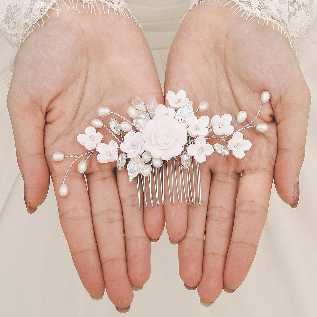 Pettinino per capelli da sposa, colore argento, con fiori, diamanti sintetici e cristalli, per donne e ragazze