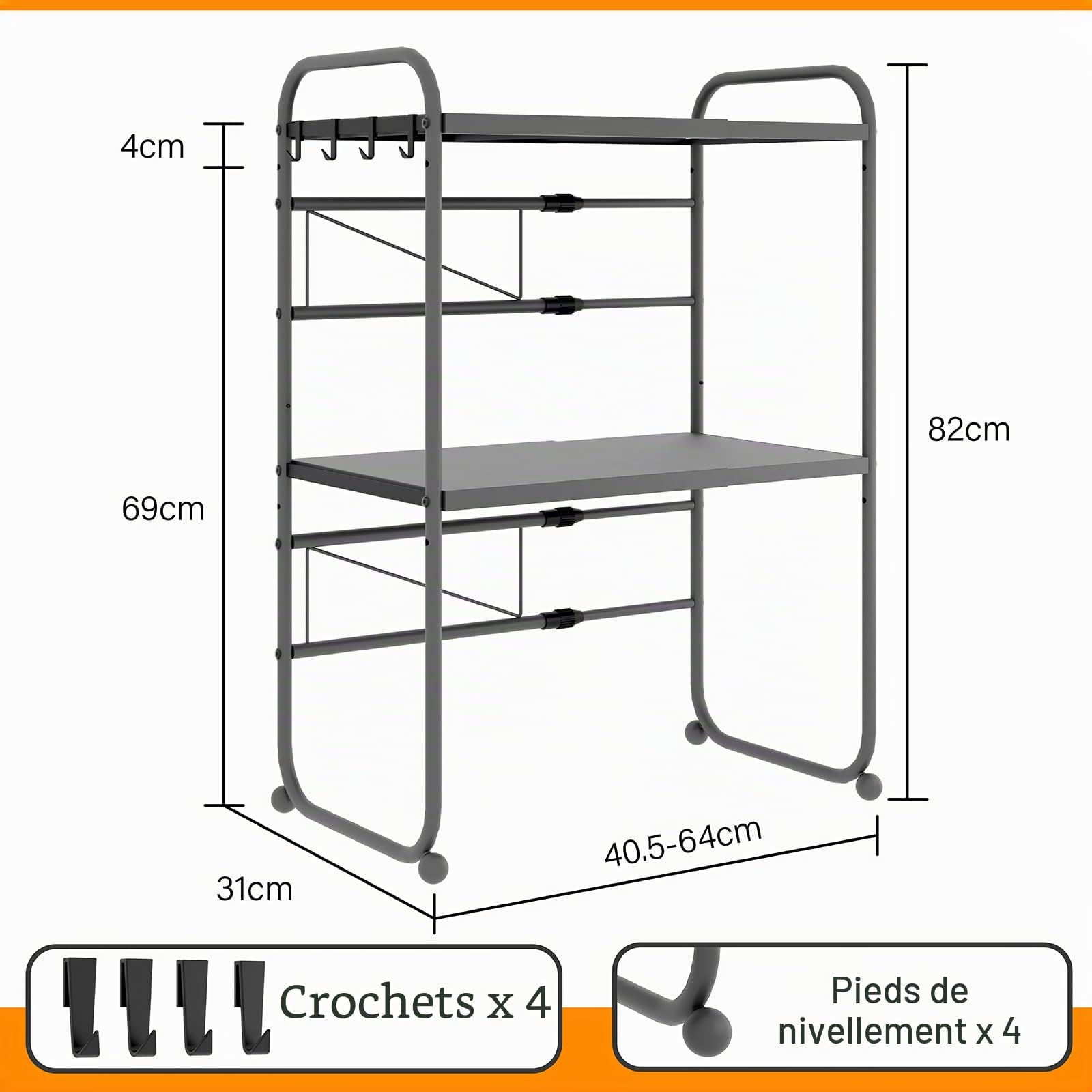 Support Extensible de Micro-ondes 3 Niveaux, Largeur Réglable, Gris