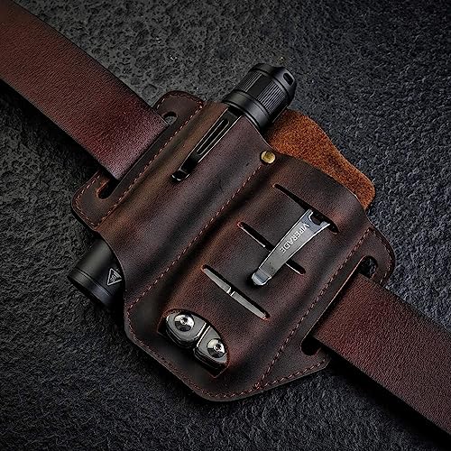 VIPERADE PJ8 EDC Lederscheide für Blet Messer/Werkzeug/Taschenlampe/Tactical Pen und EDC Zahnräder, Pocket EDC Organizer Lederscheide, Hademade 2 Pockets Belt Leder Slip Sheath (Schwarz)