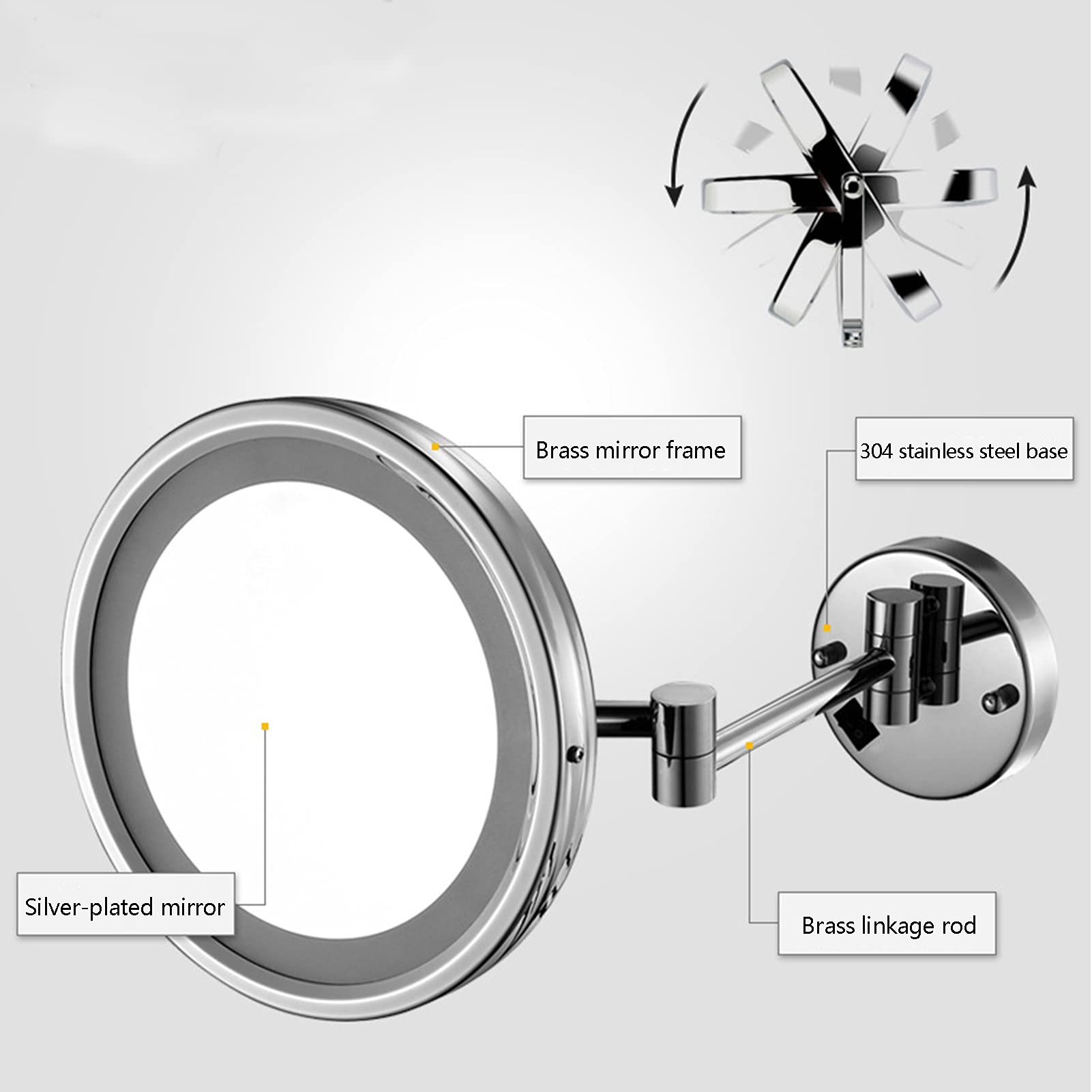 10 Pulgadas Espejos De Aumento De Pared,LED Solo Lado 3X Espejo De Maquillaje, Adecuado para Dormitorio, Comercial, Baño,Negro,10