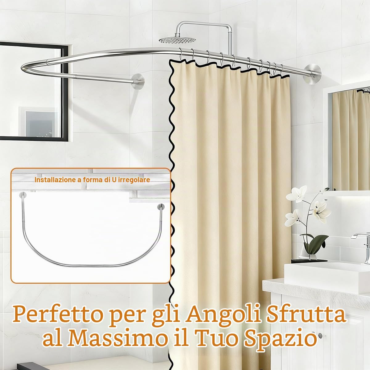ZAIONE Binario per tenda da doccia a forma di U: regolabile 90-130 x 100 x 90-130 cm a forma di U / L curvo argento asta per tenda senza trapano