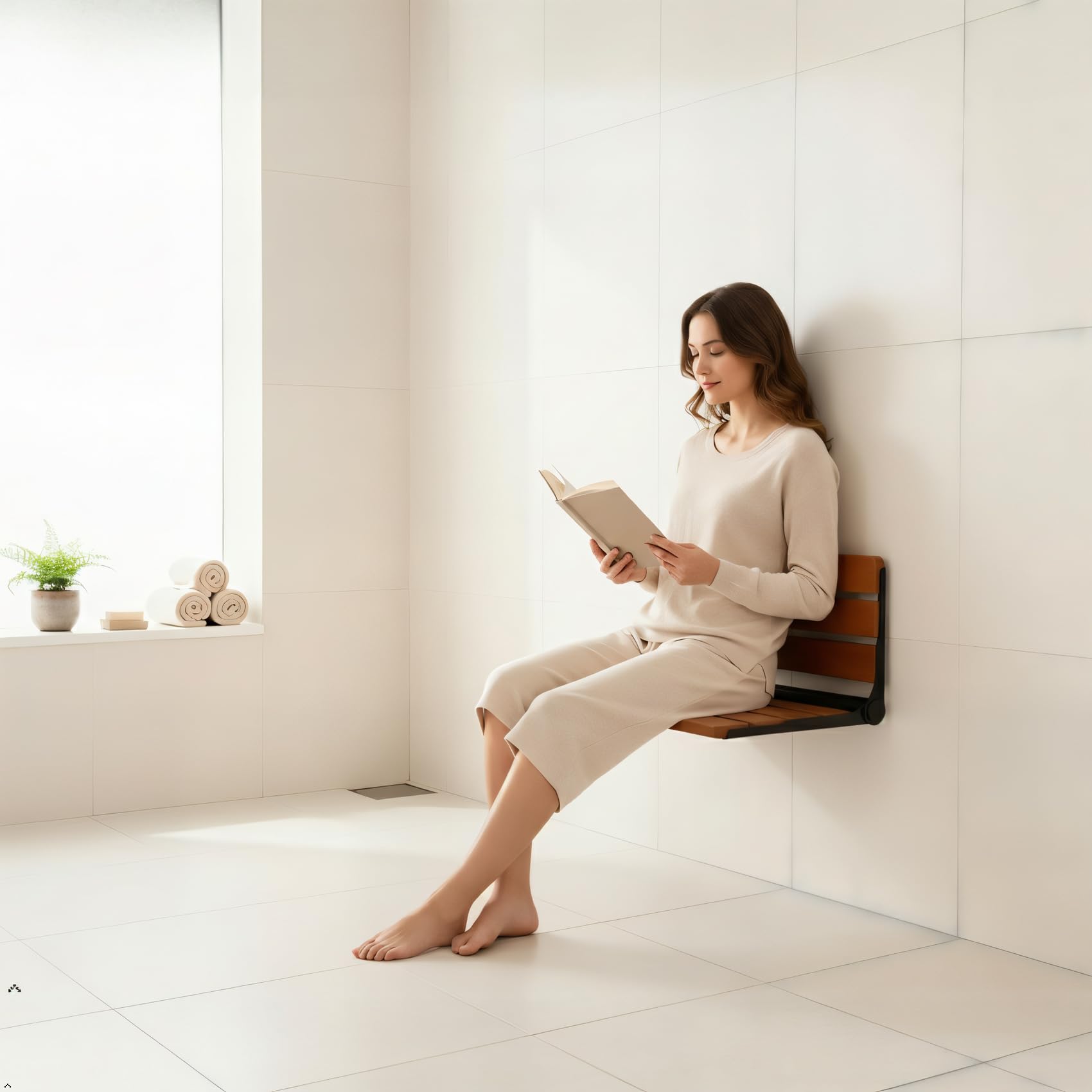 Asiento de ducha plegable de teca de 18 pulgadas, montado en la pared, acero inoxidable | Asientos de ducha Cuidado cuidadoso para tu familia